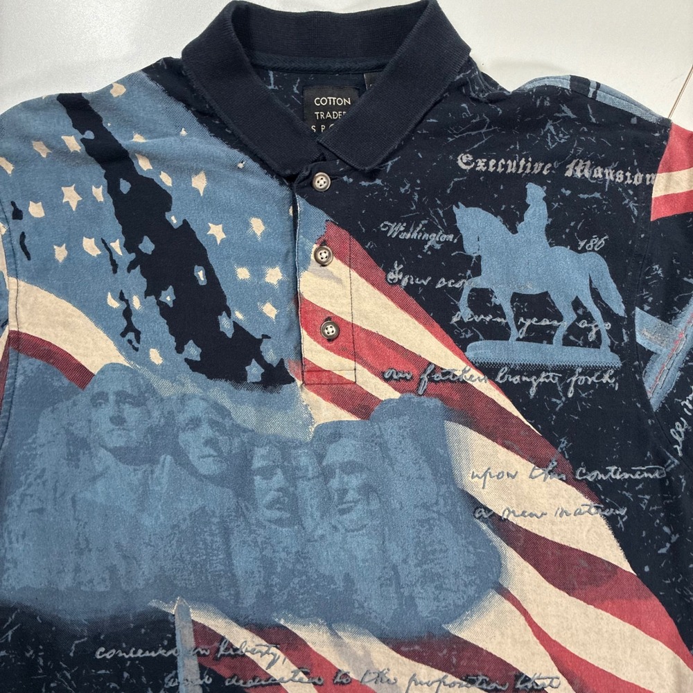 Cotton Traders Polo Shirt Medium Patriotic USA All Over Print Mount Rushmore